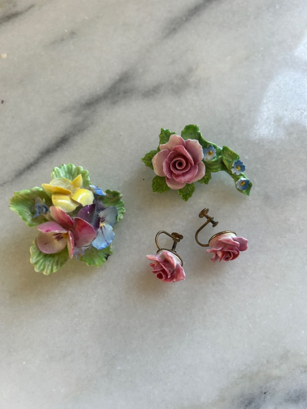 Vintage Floral Porcelain Earrings and Brooch Set Denton China